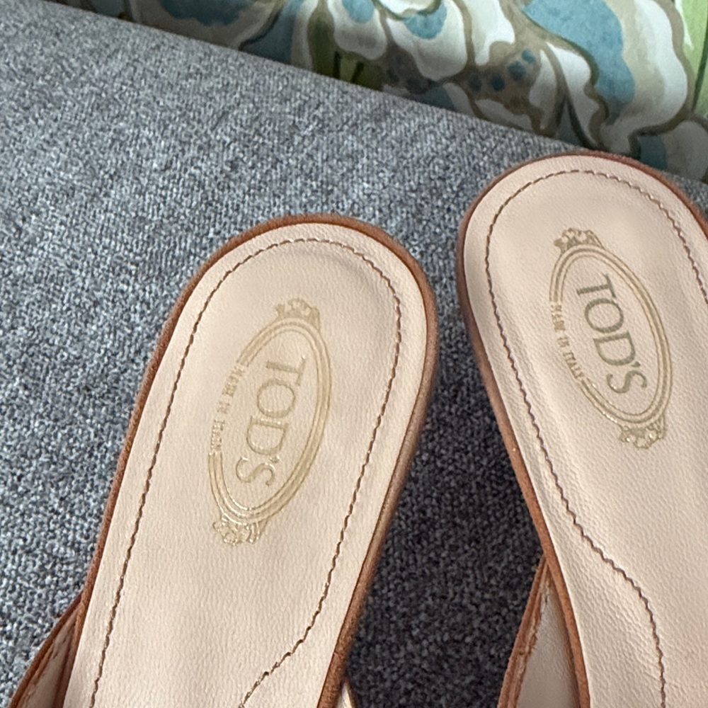 Tod's Brown Suede Mules with Gold Accents - Picture 2 of 8